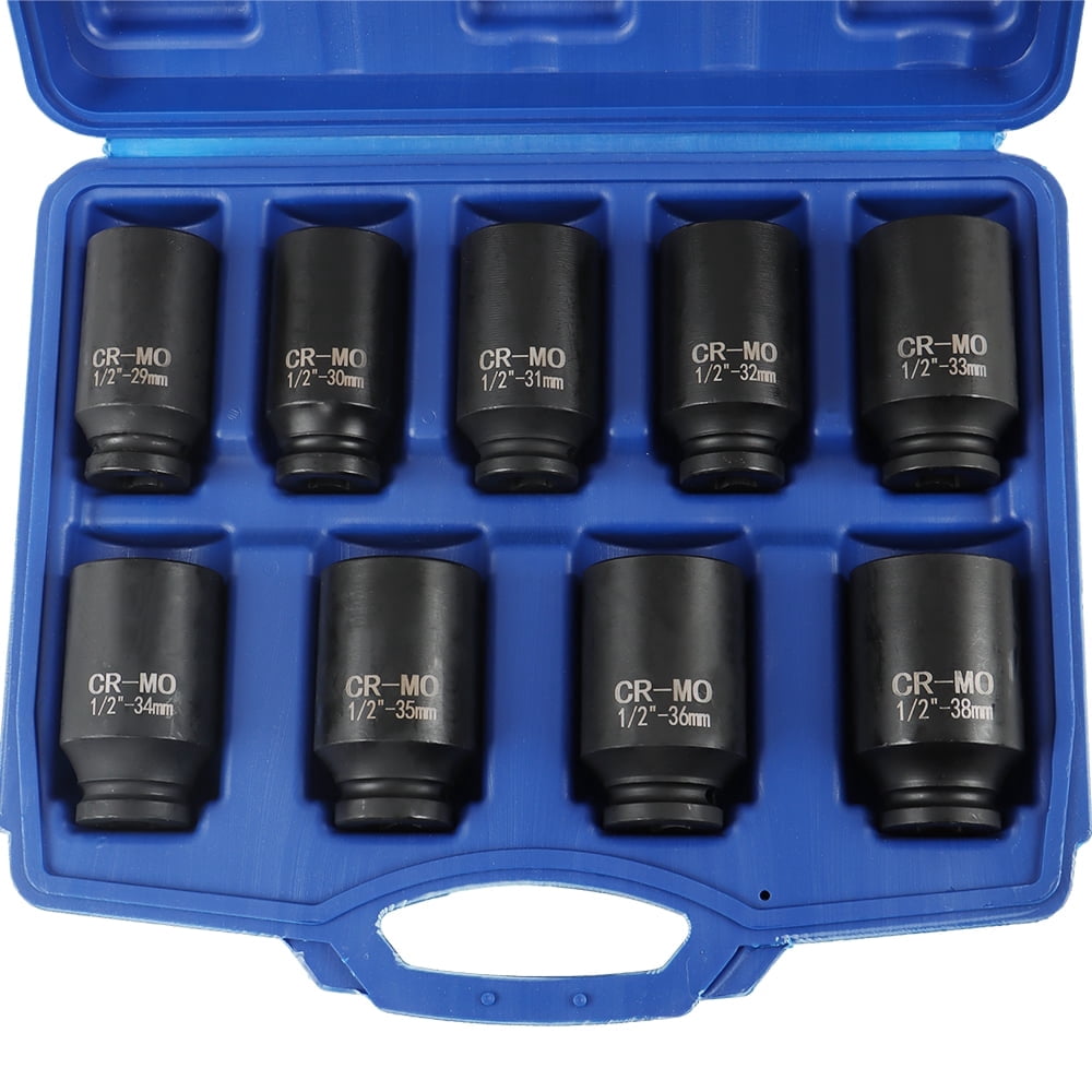 9pcs Deep Impact Socket Set 1/2" Drive Metric Axle Hub Nut Socket 29-38mm for Removing and Mounting Axle Nuts