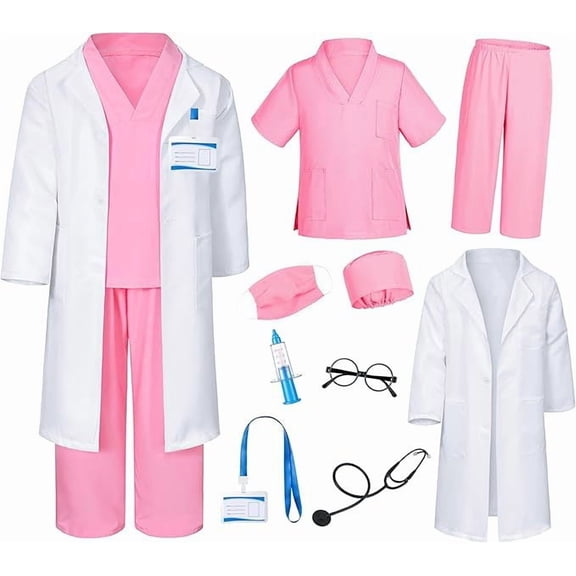 9pcs Doctor Costume for Kids, Nurse Scrub Set Doctor Coat with Accessories, Doctor Dress Up Cosplay Outfits for Boys Girls 3-12 Years