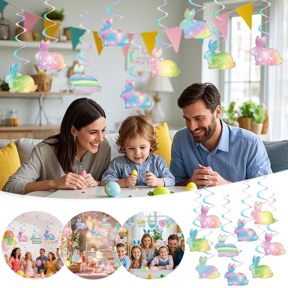 9pcs Easter Color-Laser Rabbit Spiral Hanging Tags - Cute Festive Decor for Spring Parties/Easter Egg Hunts/Home Decor, Durable Shiny Spiral Ornaments, Essential Party Decoration Props, Multicolor