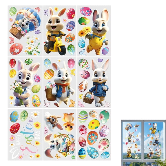 9pcs Easter Window Clings Eggs Rabbit Window Cling Reusable Static Window Cling Sticker Colorful Window Decals Home School Room Indoor Outdoor Party Decorations Supplies