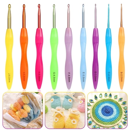 9pcs Ergonomic Crochet Hook Set, EEEkit 2-6mm Colorful Plastic Handle Crochet Hooks Needles Kit for DIY Hand Knitting