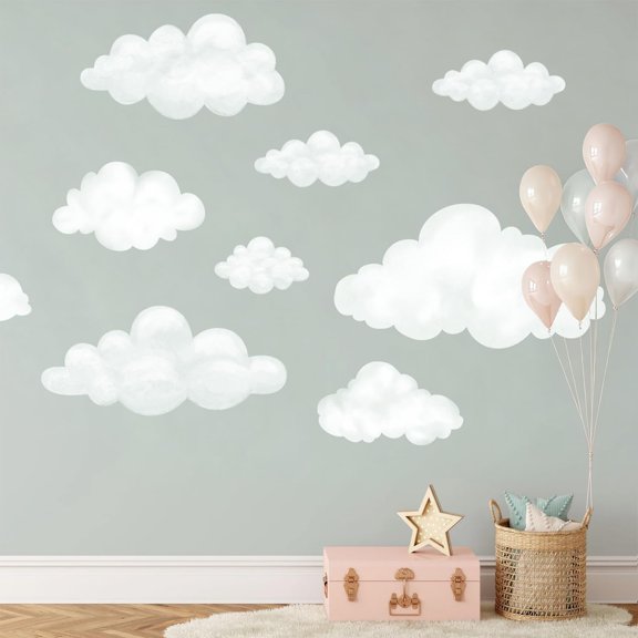 9pcs Fabric Large Cloud Wall Decals,Peel and Stick Decals Watercolor Clouds,Home Decor for Nursery,Kids Room,Playroom,Ceilings and Furniture,Easy Removable Wall Stickers