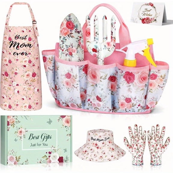 9pcs Floral Garden Tools Set for Women Pink White Flower Design, with Heart Accent Storage Bag Apron Hat Gloves Trowel Fork Spray Bottle Ideal Gift for Mom Grandma