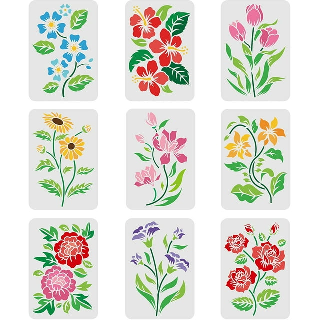 9pcs Flower Stencils for Painting 11.7x8.3 inch Flower & Leaves Drawing