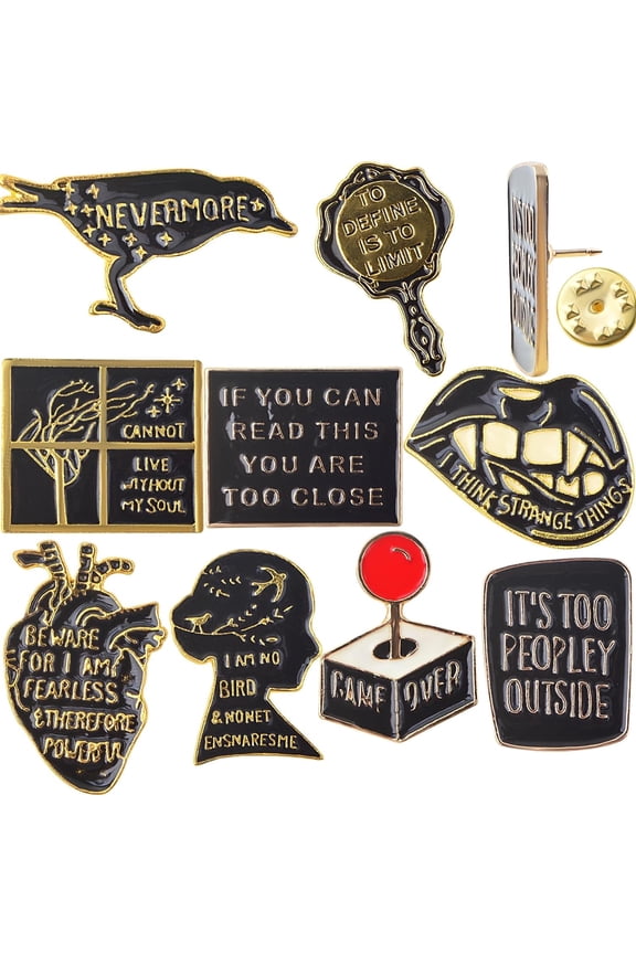 9pcs Funny Enamel Pins Pack Cool Novelty Alloy Mixed Heart Larks Mirror Warning Sign Brooch Lapel Pins Decorative Accessories for Adult Teens Backpack Jacket Clothes Hat Bag