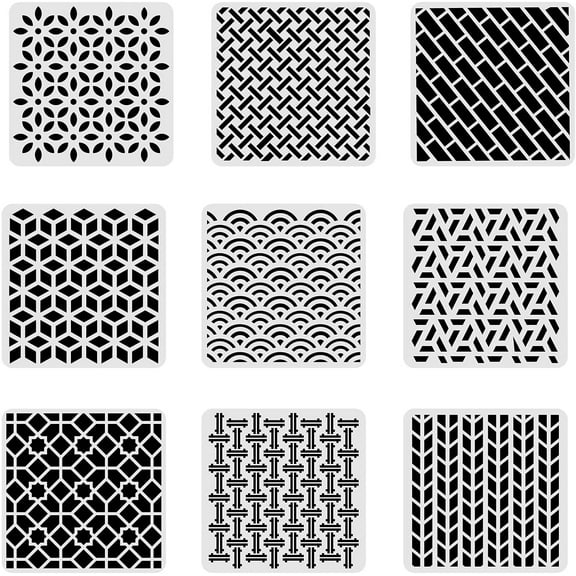 9pcs Geometric Pattern Plastic Drawing Templates 12x12 Inches Square Diamond Sector Stencil for Scrabooking Card Making, DIY Wall Floor Decoration