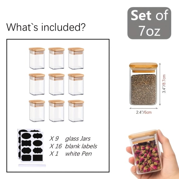 9pcs Glass Spice Jars with Bamboo Lids & Labels - Dishwasher Square Pantry Containers, Airtight Multi-Size (5oz/6oz/7oz) Glass Bottles, Spices, Herbs, Tea, Sugar, Salt - Reusable Labeled Jars