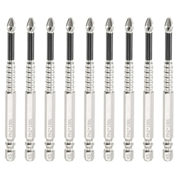 9pcs Impact Phillips Screwdriver Bit PH2 (#2) Anti Slip Tip 1/4" Hex Shank 4" (100mm) Long Magnetic Cross Screw Driver Industrial Power Drill Bits for Remove Fastening Screws