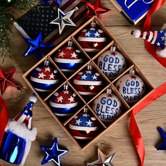 9pcs Independence Day Decorative Balls,USA Patriotic 4th of July Hanging Pendant Ornaments United States Flag Independence Day Supplies Christmas Tree Ball Plastic Household