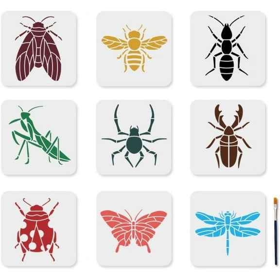 9pcs Insect Stencil 7.97.9inch Butterfly Dragonfly Mantis Bee Stencil with Paint Brush Reusable Ant Ladybug Template for Wood Wall Window DIY Craft Photo Album White DIY