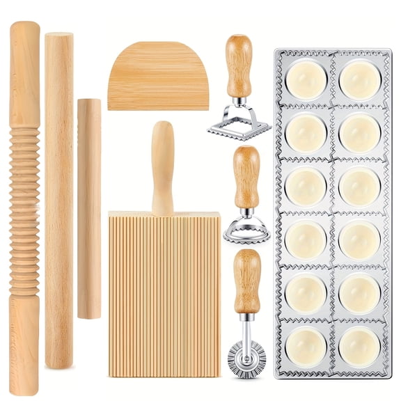 9pcs Italian Pasta Maker Kit with Wood - Manual Homemade Pasta Machine Suitable for Ravioli & Gnocchi, Complete Dough Rolling Set with Cutter, Scraper, Stamps & Board for Homemade Pasta, Italian