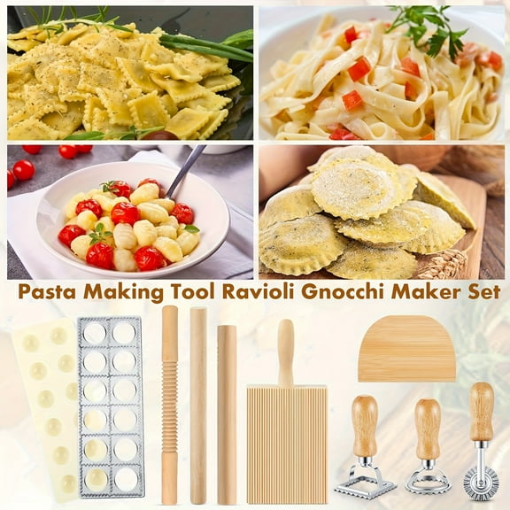 9pcs Italian Pasta Maker Kit with Wood - Manual Homemade Pasta Machine Suitable for Ravioli & Gnocchi, Complete Dough Rolling Set with Cutter, Scraper, Stamps & Board for Homemade Pasta, Italian