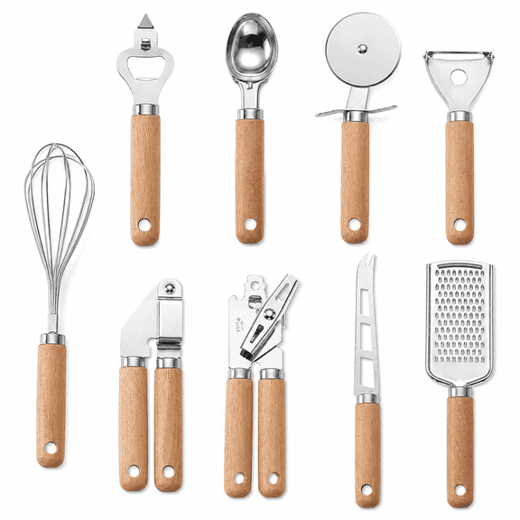 Dintonin Kitchen utensils sets stainless steel, Wood Wooden Handle Cooking Utensil Sets, 9 pcs