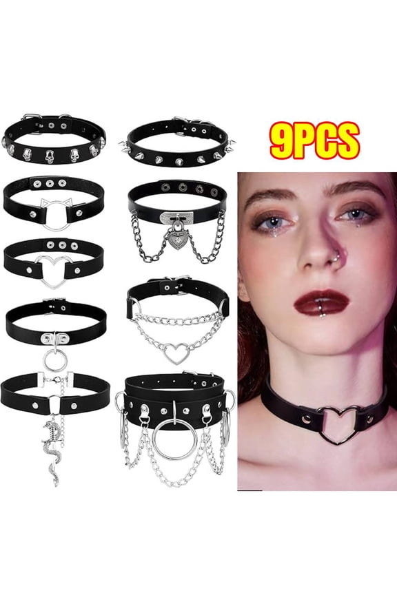 9pcs Leather Punk Goth Choker Necklace with Love Heart Spikes, Adjustable Pu Collar for Women
