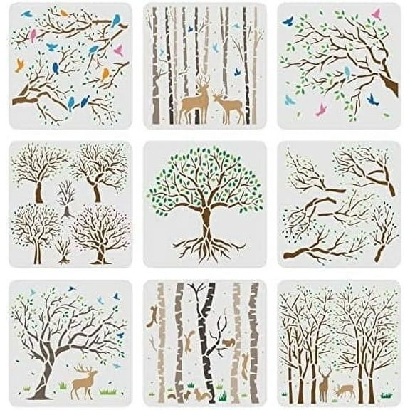 9pcs Life of Tree Stencils 7 9x7 9 inch Aspen Trees/Life Tree Stencils Painting Stencil Reusable Tree and Flying Birds Stencils for Painting on Wood Canvas Paper Fabric Floor Wall Tile