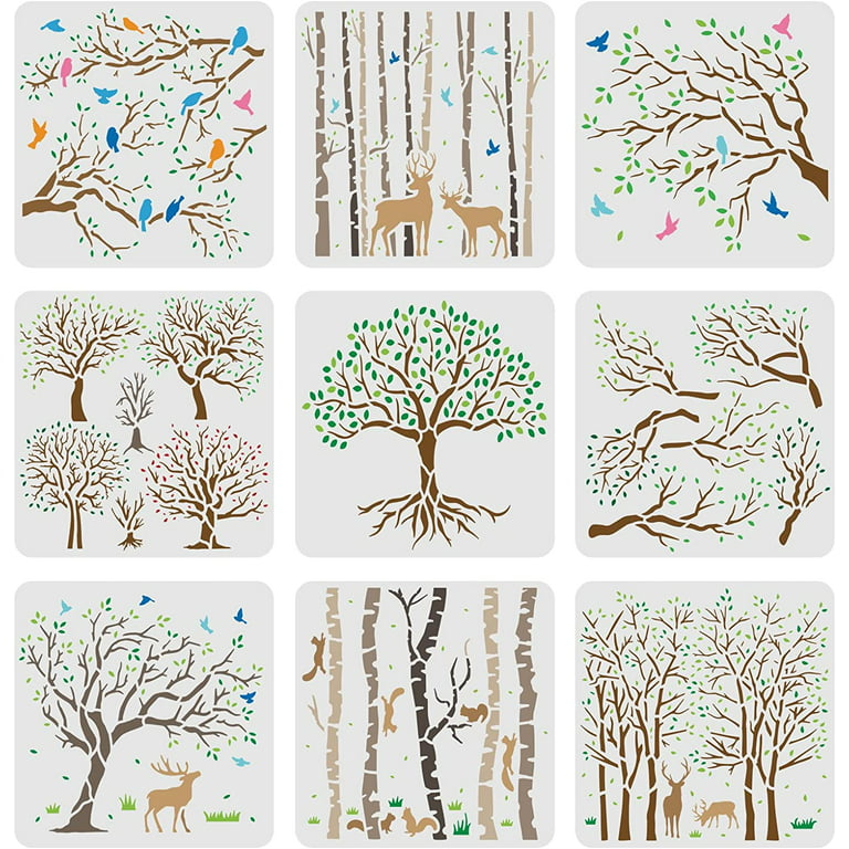 9pcs Life of Tree Painting Stencil Reusable Tree and Flying Birds Stencils
