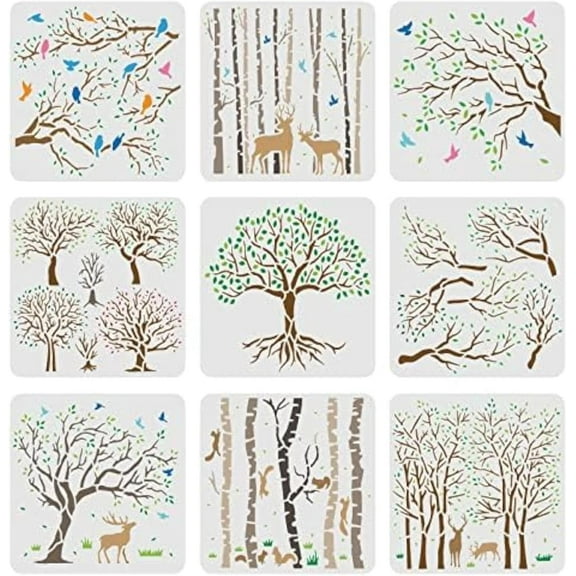 9pcs Life of Tree Stencils - 7.9x7.9 inch Aspen Trees Flying Birds for Painting on Wood Canvas Paper Fabric Wall Tile Colorful