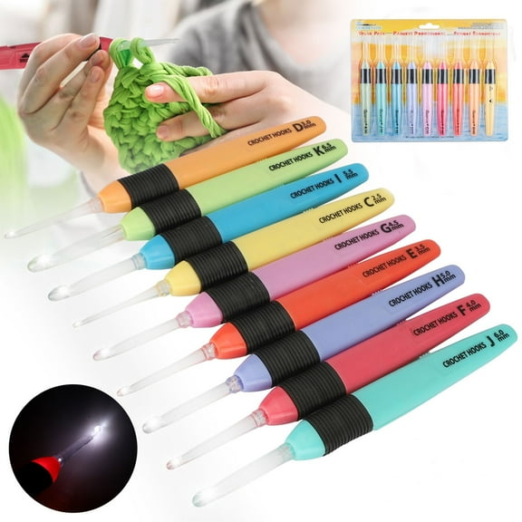 9pcs Lighted Crochet Hooks, DISEN 2.5-6.5mm LED Lite Knitting Needles Hooks Kit Ergonomic Grip for Arthritic Hands