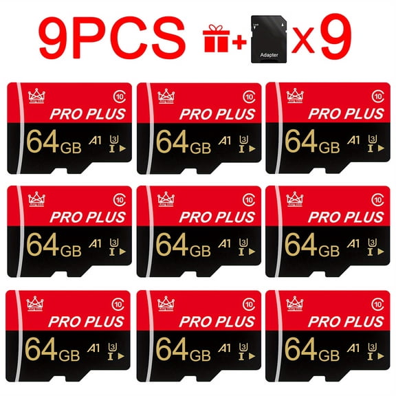 9pcs Memory Card 64GB 32GB 16GB With Adapter, High Speed Memory Card 8GB 4GB 2GB 1GB, U3 C10 A1 Memory TF Card For Tablet/ Camera/ Mobile Phone/ Camera/ Car Audio/ Game Console