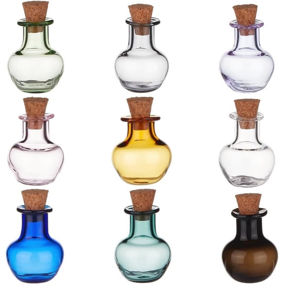 9pcs Mini Colorful Glass Cork Bottles 9 Colors Tiny Spell Jars Cute Wishing Bottles with Cork Stoppers Miniature Drifting Bottle for Party Decoration DIY Crafts Minihouse Supplies DIY Mixed Color