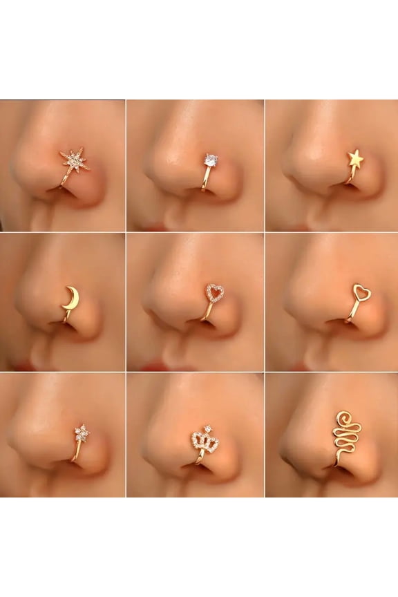 9pcs Non Piercing Nose Rings Nose Clip Copper with Zirconia U Shape Star Love Crown Nose Ring Non Piercing Nose Jewellery No Piercing Required