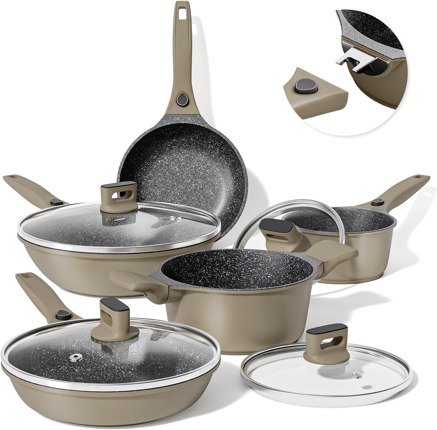 9pcs Nonstick Pots and Pans Set with Detachable Handle, Granite