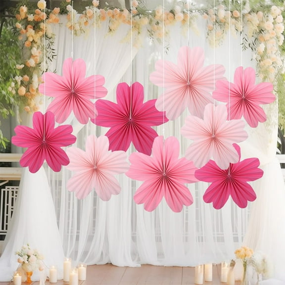 OUTMASTER 9 Pieces pink flower Paper Fan Party Decoration for Baby Shower, Holiday Party, Wedding.