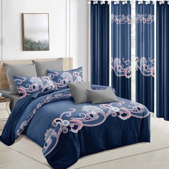 9pcs Quilt Bedding Set Dark Blue Floral Bedspread Queen Size for Bedroom, Lightweight Comforter with 2 Pillow Shams, 6 Matching Curtains 86x86In