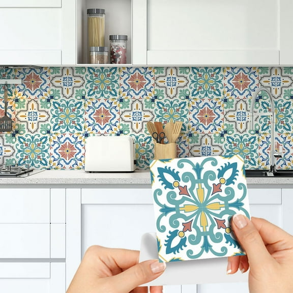 9pcs Removable Square Vintage Floral Pattern Tile Stickers 3D Decorative Peel and Stick Vinyl Self Adhesive Wall Tiles Decor Decals for Kitchen Backsplash Bathroom Furniture
