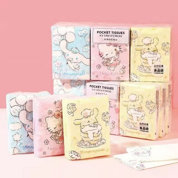 9pcs Sanrio Tissue Kawaii HelloKitty Pompom Purin Cinnamorroll Cartoon Printed Handkerchief Cute Girl Portable Toilet Paper