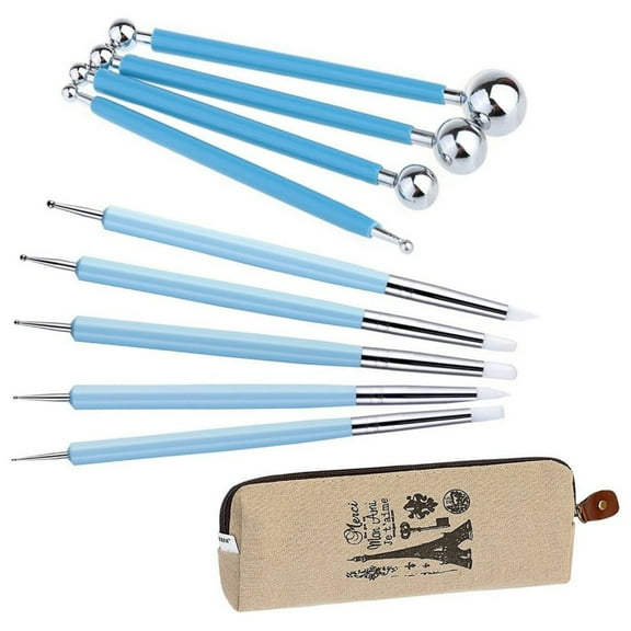9pcs Sculpting Tools,4pcs Double-Ended Metal Ceramic Clay Ball Stylus Dotting Tools and 5pcs 2 Way Silicone Polymer and Embossing Paper Flower Indentation Tool Set