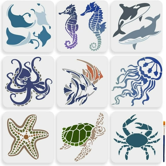 9pcs Sea Ocean Creatures Stencils 7.8×7.8inch/20×20cm Ocean Animal Painting Stencils with Paint brush Summer Seahorse Jellyfish Octopus Turtle Template for Canvas Fabric Wall DIY Craft