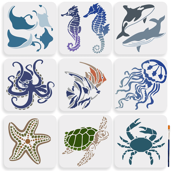 9pcs Sea Ocean Creatures Stencils Ocean Animal Painting Stencils with Paint Brush Summer Seahorse Jellyfish Octopus Turtle Template Canvas