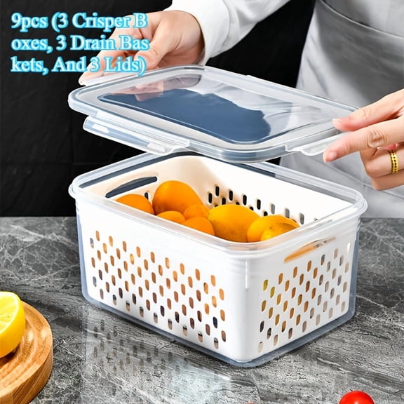 9pcs Set Refrigerator Organizer - Stackable, Versatile Kitchen System for Fruits, Vegetables | 3pcs Lids, 3pcs Baskets, 3pcs Boxes with Drain Tray, Plastic, Reusable, Magnetic Closure, Shatterproof