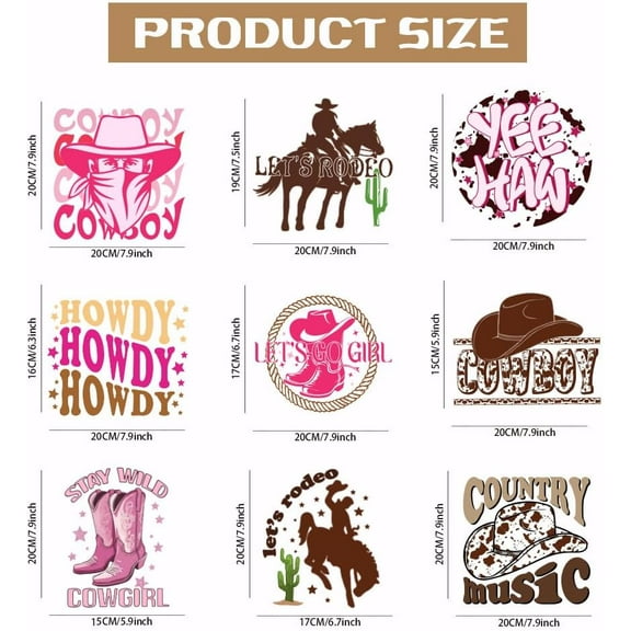9pcs/Set Western Cowboy Heat Transfer Stickers Cowgirl Iron on Transfers Bull Iron on Patches Stickers Howdy Washable Heat Transfer Paper for Clothing T-Shirt Jeans Backpacks DIY Applique
