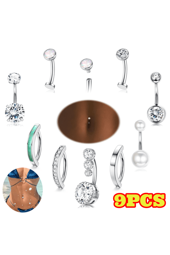 9pcs Silver Belly Button Rings, Surgical Stainless Steel Belly Rings, CZ Clicker Navel Button Piercings Jewelry for Women