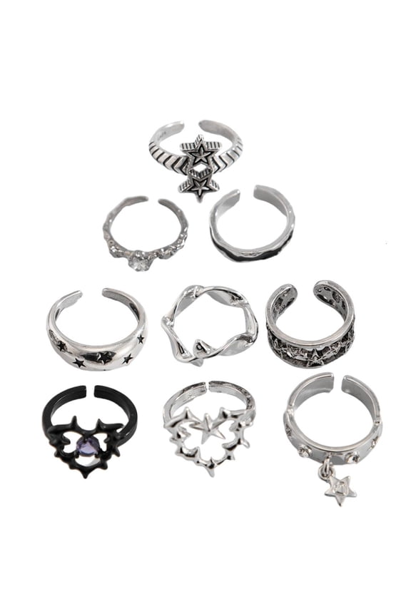 9pcs Silver Gothic Rings Set for Women Men Thorn Punk Grunge Accessories with Heart Snake and Frogs Styles