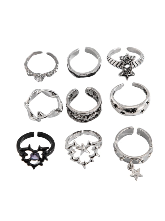 9pcs Silver Gothic Rings Set for Women Men Thorn Punk Grunge Accessories with Skull Heart Snake and Frogs Styles