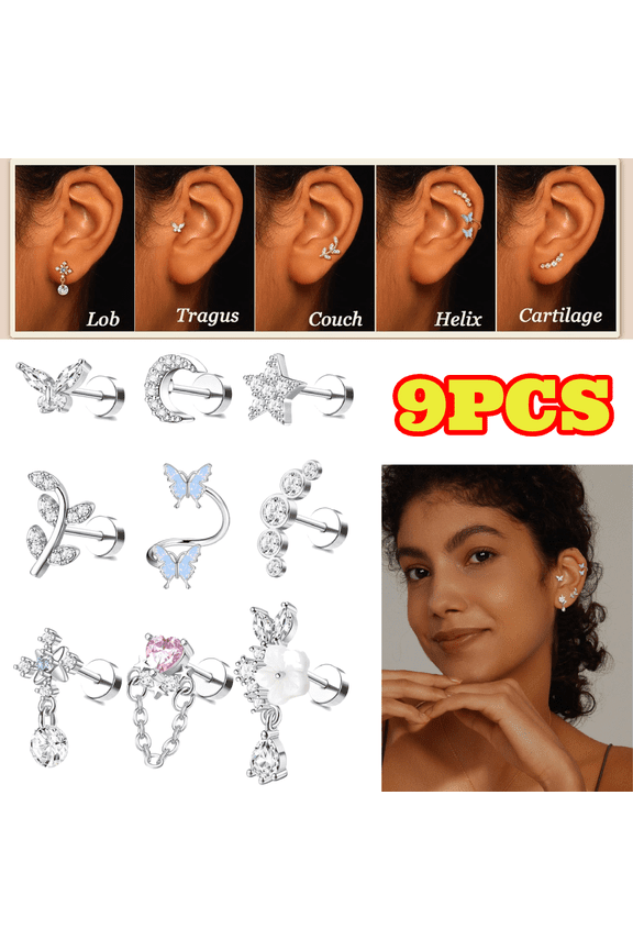 9pcs Sliver Cartilage Earring for Women, 16G Threadless Flat Back Top Push in, Butterfly Tragus Helix Labret Lip Stud Piercing Jewelry