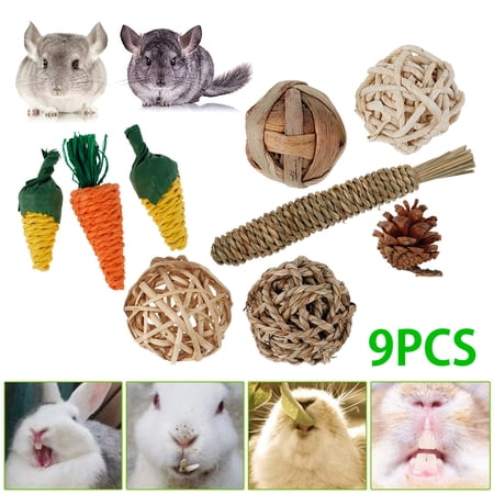 9pcs Small Pets Rabbit Parrot Chew Toy Set Rattan Woven Straw Carrot Corn Pine Cone Toy