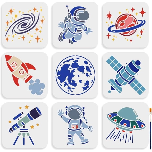 9pcs Space Astronaut Stencil 66inch Space Theme Stencils with Paint Brush Reusable Planet Rocket Telescope Spacecraft Galaxy Drawing Template DIY