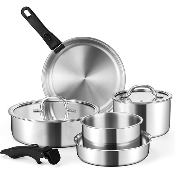 9pcs Stainless Steel Cookware Set, 3-Ply Pots and Pans Set w/Detachable Handle & Lid, Induction Cookware Kitchen Cooking Set for RV Camping, Nontoxic Whole Clad Frying/Saute/Sauce Pan, Oven Safe