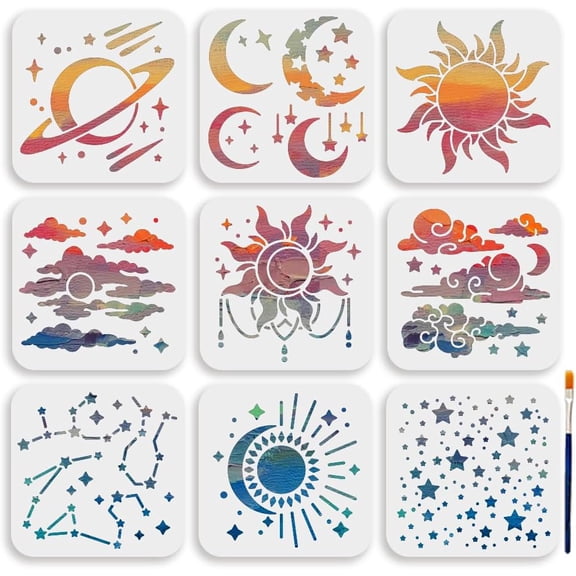 9pcs Star Sun Moon Stencil 66inch Planet Clouds Star River Template with Paint Brush Reusable Planet Galaxy Stencil for Painting on Wood Wall Fabric Home Decor Mixed Color