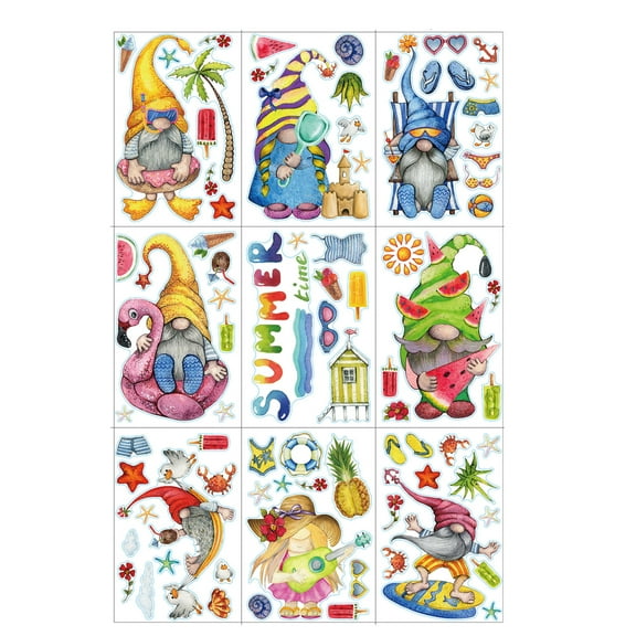 9pcs Summer Gnome Window Clings DIY Cartoon Faceless for Doll Wall Sticker Decal