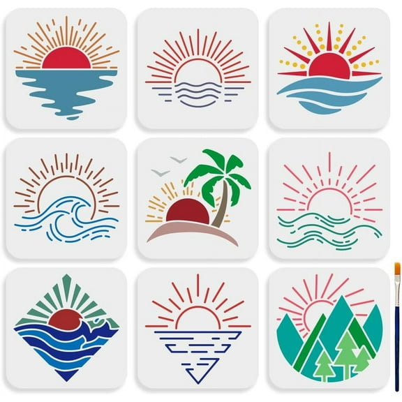 9pcs Sunrise Stencil 6×6inch Boho Sunrise Sunset Stencil for Painting with Paint Brush Sun Sea Waves Coconut Trees Forest Drawing Stencils for Crafts Wood Wall Fabric Paper Wall Furniture