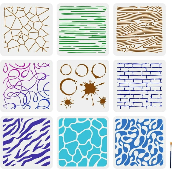 9pcs Texture Painting Stencils Marble Brick Background Spray Paint Art Stencils 11.811.8inch with Paint Brush for Wood Canvas Paper Floor Tile 1bag