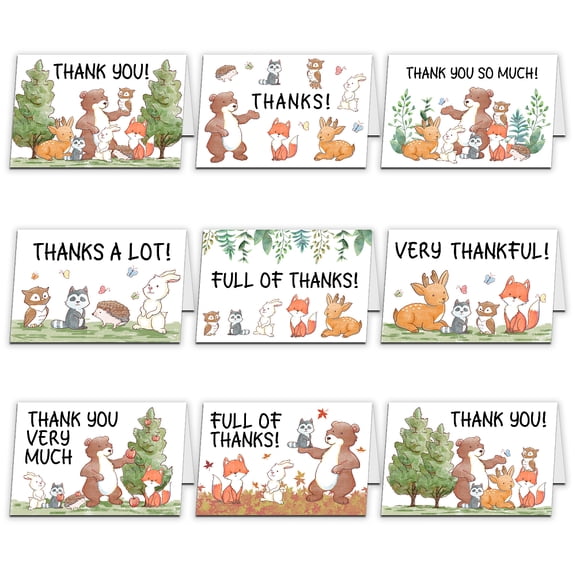 9pcs Thank You Cards Animals in The Forest Theme Greeting Cards with Envelopes Wedding Bridal Shower Birthday Christmas Thanksgiving Day
