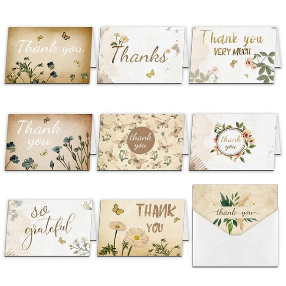 9pcs Thank You Cards Multipack Retro Flower Theme Greeting Cards with Envelopes for Wedding Bridal Shower Birthday Christmas Thanksgiving Day