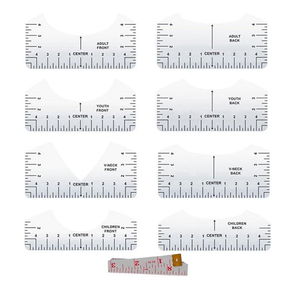 9pcs Tshirt Ruler Guide to Center Vinyl, Transparent V-Neck/Round PVC Ruler for Alignment, Heat