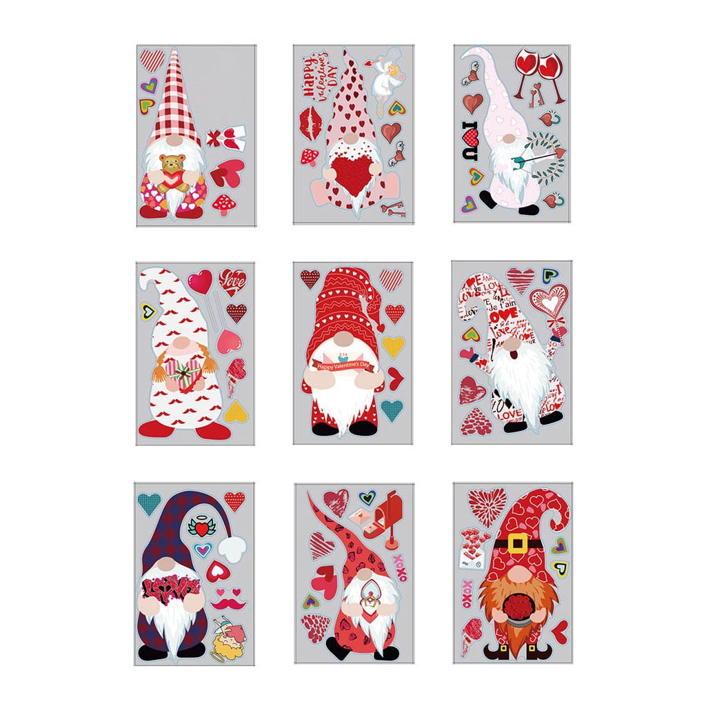 9pcs Valentine's Day Heart Wall Sticker Christmas Gnome Tomte Window
